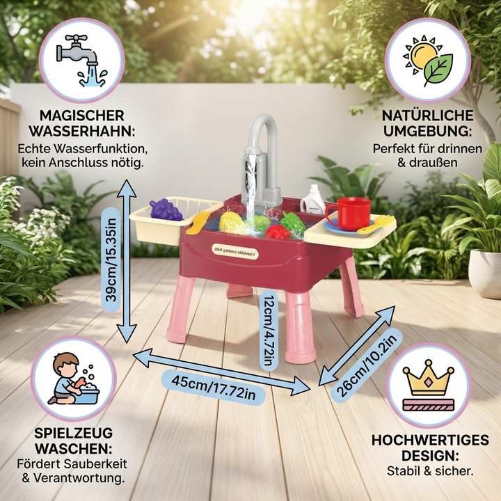 Interaktive Spielküche mit realistischer Wasserfunktion, fördert Feinmotorik und Rollenspiel-Fähigkeiten.