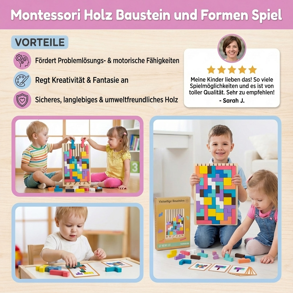 Kreatives Holz Baustein Set nach Montessori-Prinzip, entwickelt Formenverständnis, Geschicklichkeit & Fantasie bei Kindern.