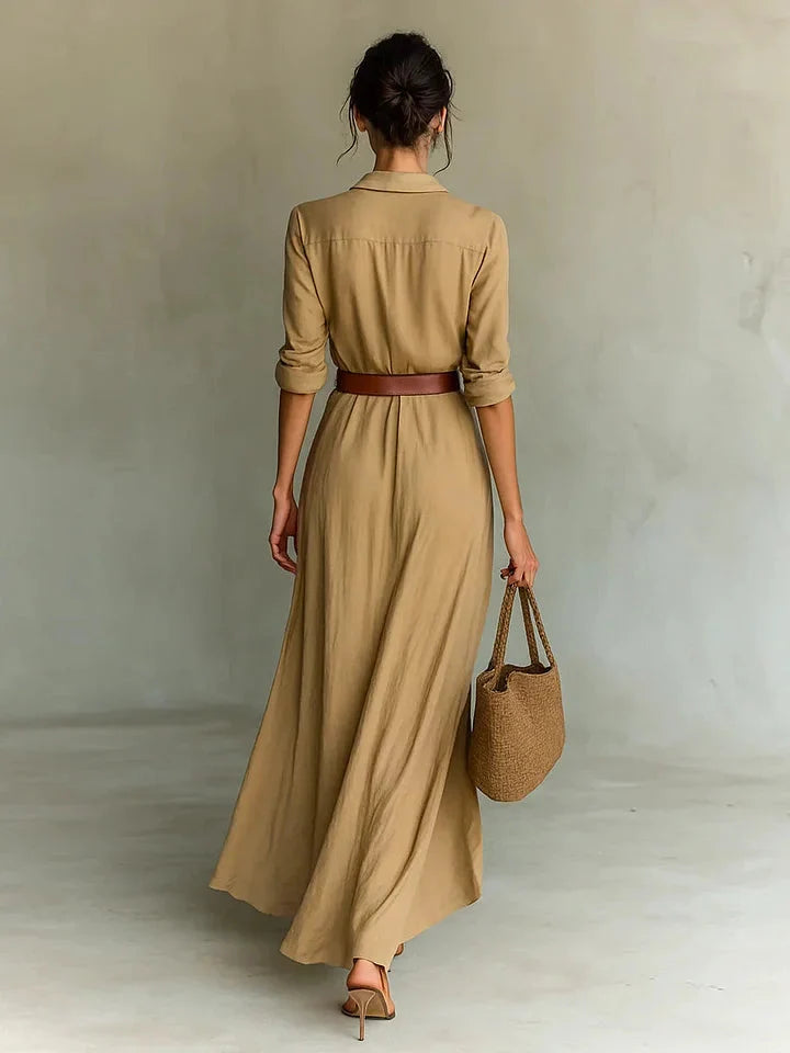 Stilvolles Damen Hemdblusenkleid, Maxikleid, mit durchgehender Knopfleiste, klassischem Kragen & Taillengürtel.