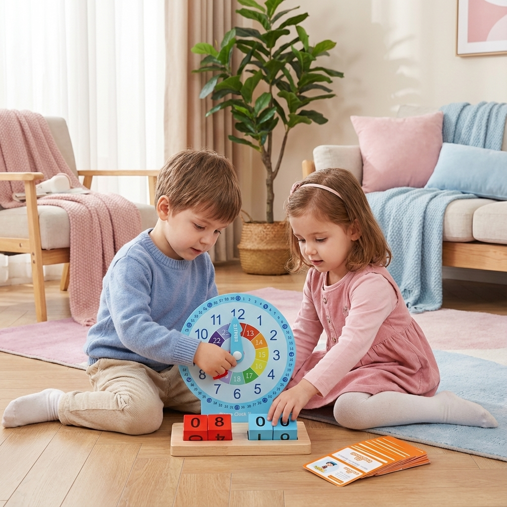 Kind lernt spielerisch die Uhrzeit mit Montessori Lernuhr. Bewegliche Zeiger & Zahlen, ideal für Vorschule & Grundschule.