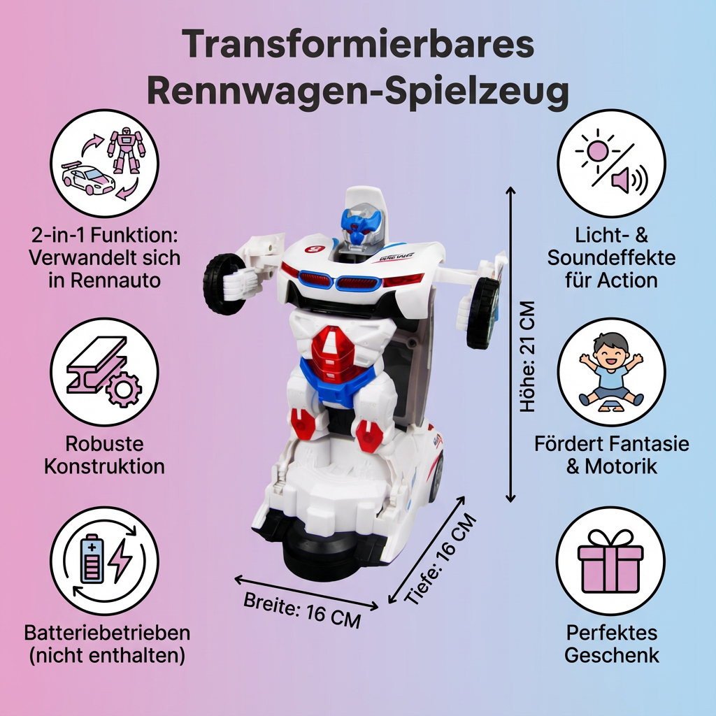 Interaktiver Kinder-Rennwagen, der per Knopfdruck zum Roboter wird, mit Licht & actionreichem Sound.