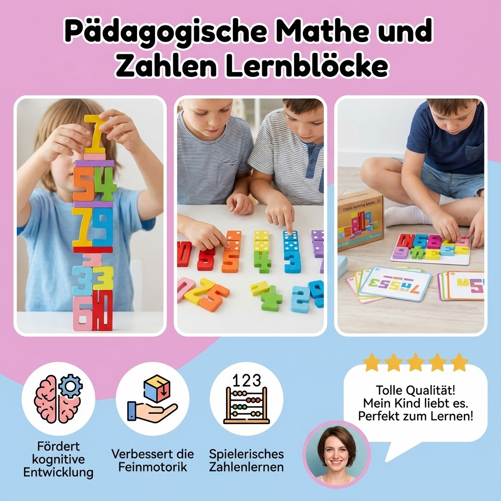 Detailaufnahme: Farbige pädagogische Lernblöcke mit Zahlen für Mathe-Lernspiele, kinderfreundlich & robust.