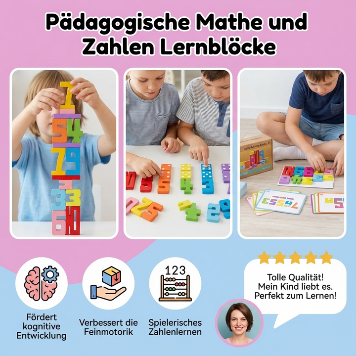 Detailaufnahme: Farbige pädagogische Lernblöcke mit Zahlen für Mathe-Lernspiele, kinderfreundlich & robust.