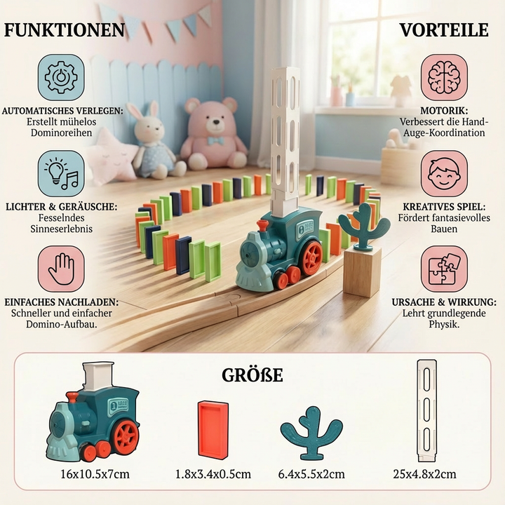 Kettenreaktion! Der automatische Domino-Zug hat eine beeindruckende Reihe bunter Dominosteine gesetzt.