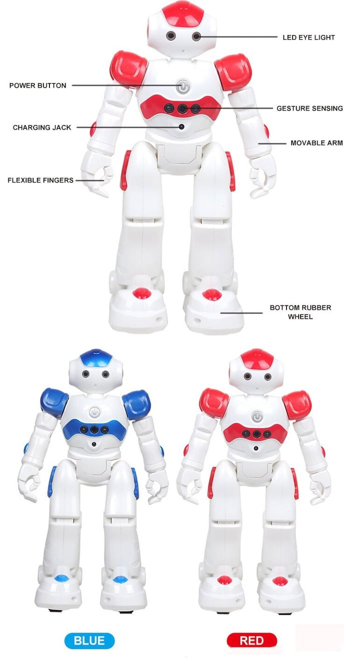 Glückliches Kind spielt mit einem Lernroboter, der durch Gesten gesteuert wird und Musik abspielt.