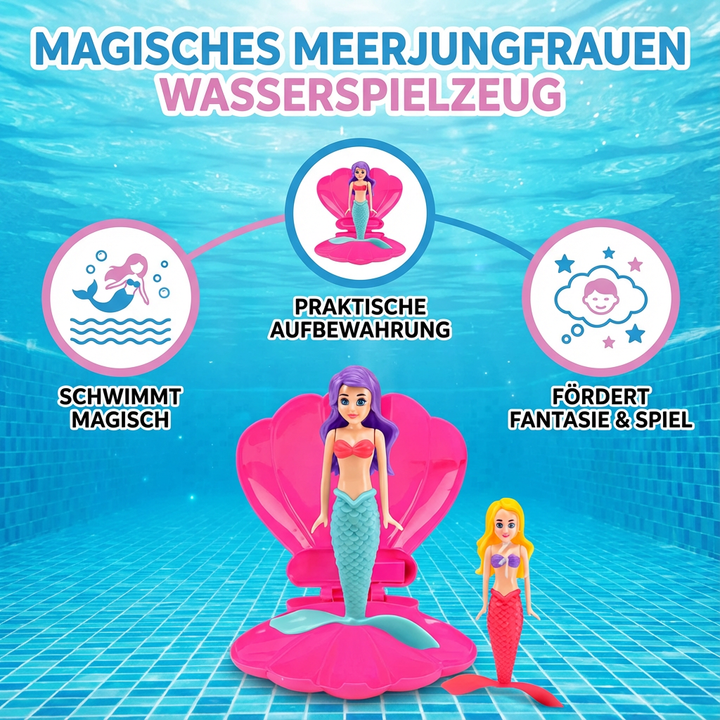 Detailaufnahme der Meerjungfrau: Funkelnder Schwanz und bunte Haare, perfekt für fantasievolles Spiel im Bad.