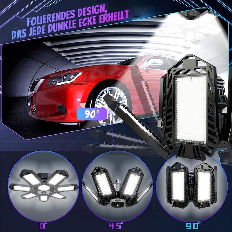 Faltbare LED-Garagenlampe, verstellbar, für optimale 6500K Tageslicht-Beleuchtung in Garage oder Keller.