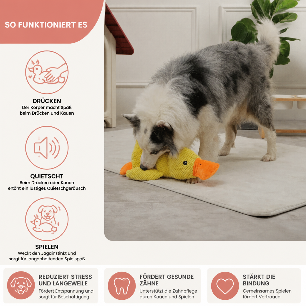 Fröhliches Enten-Hundespielzeug aus Plüsch mit Quietscher. Das Anti-Stress Kuscheltier sorgt für Freude und Entspannung.