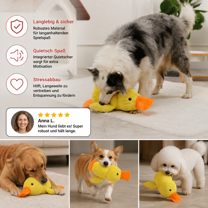 Niedliches Enten-Kuscheltier als Anti-Stress Hundespielzeug. Perfektes Plüschtier für Hunde zum Spielen, Kuscheln und Beruhigen.