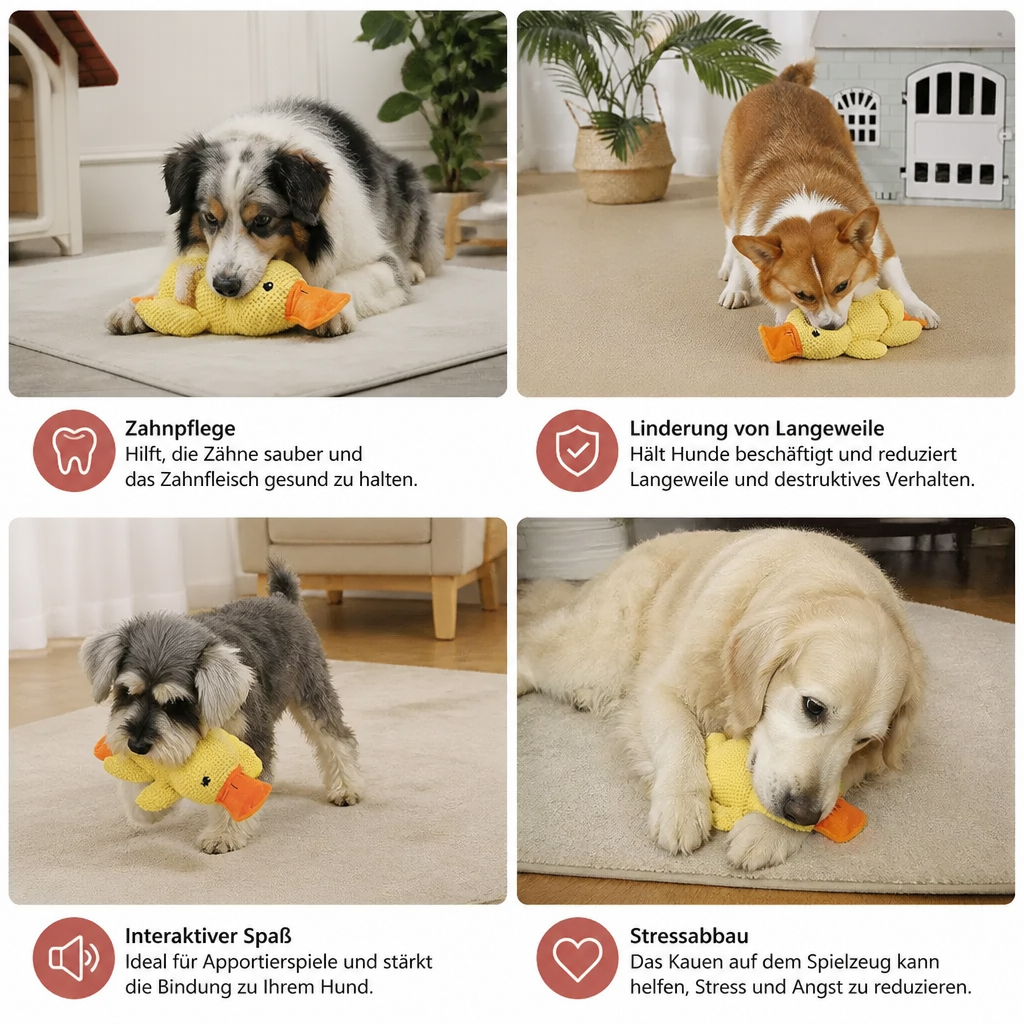 Weiches Anti-Stress Enten-Spielzeug für Hunde. Dieses Kuscheltier aus Plüsch ist ideal zur Beruhigung und als Welpenspielzeug.