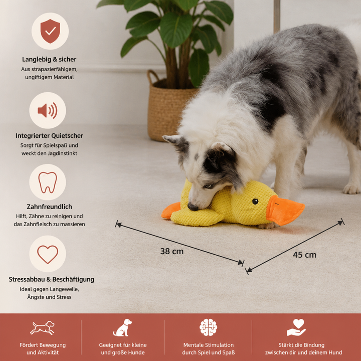 Robustes Anti-Stress Enten-Plüschtier für Hunde. Ein langlebiges Quietsche-Spielzeug und Kuscheltier, ideal für aktiven Spielspaß.