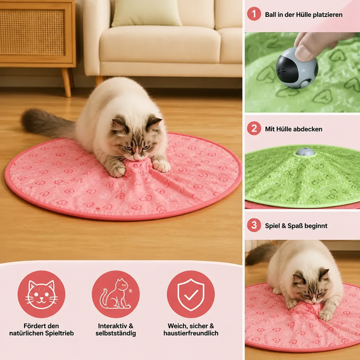 Glückliche Katze spielt begeistert mit dem interaktiven Katzenspielzeug Versteck, fördert Jagdinstinkt.