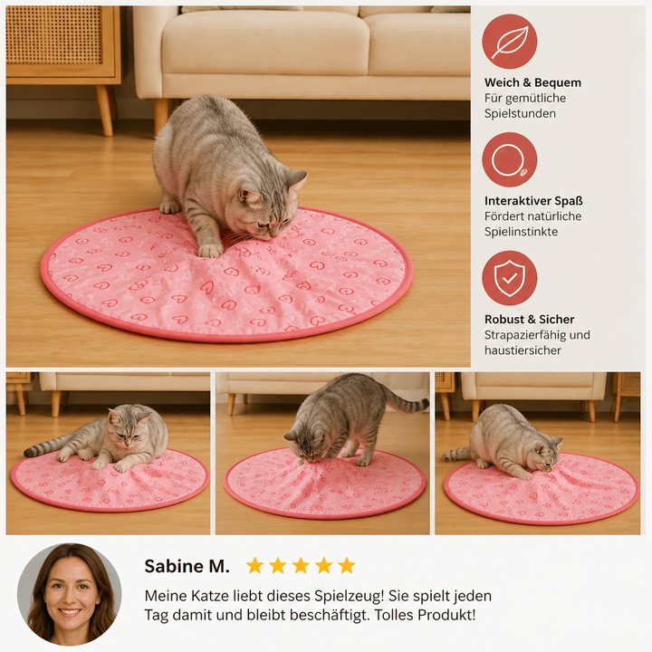Katzenpfote greift spielerisch in das Katzenspielzeug Versteck; interaktiver Spaß für deine Katze.