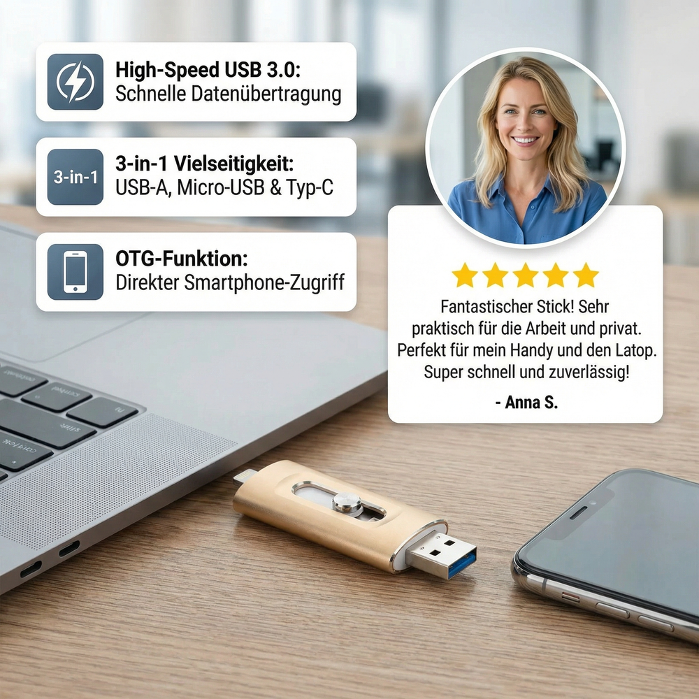 High-Speed USB-Speicherstick für schnellen Datentransfer. Kompatibel mit Smartphones, Tablets & PCs via Type-C/USB.