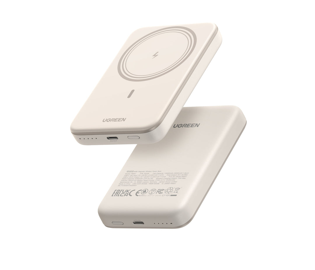 Magnetische Powerbank 10.000 mAh in Verpackung. Kabelloses 20W USB-C Schnellladegerät für Mobilgeräte.