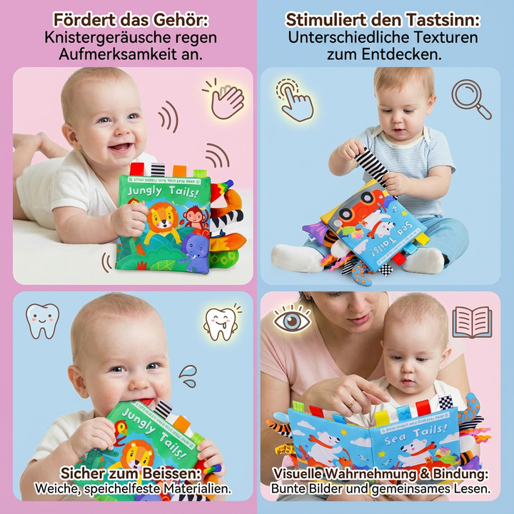 Bauernhof Knister Stoffbuch für Babys. Farbenfrohes sensorisches Spielzeug zur Frühförderung & Entdeckung.