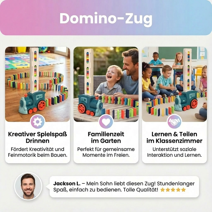 Ein glückliches Kind spielt mit dem automatischen Domino-Zug und baut eine lange Dominoreihe auf.