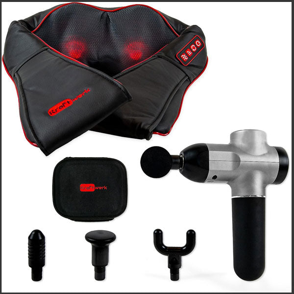 Massage Set mit Massagepistole & Shiatsu-Gerät für tiefe Muskelentspannung, Schmerzlinderung & Wellness.