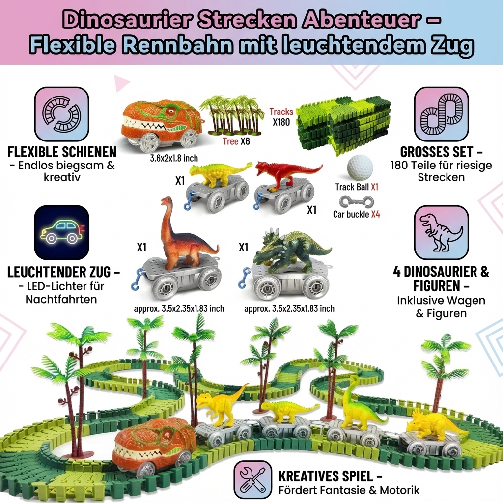 Detailaufnahme: Leuchtender Zug fährt auf flexibler Dinosaurier Rennbahn. Lebendiges Dinoabenteuer Spielzeug.
