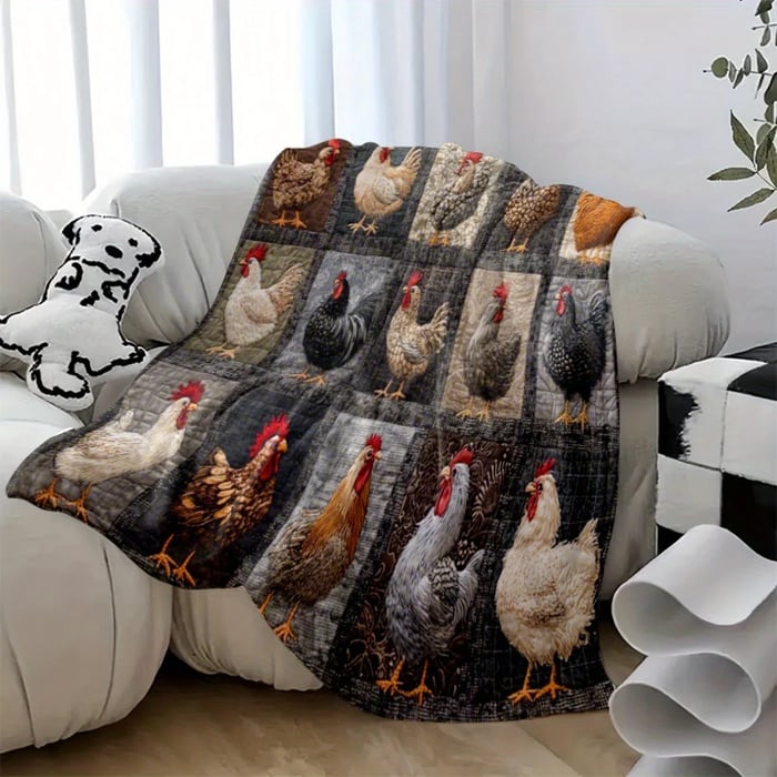 Moderne Flanelldecke mit stilisierten Hühnern, weich & warm, ideal als Sofadecke oder Bettüberwurf.