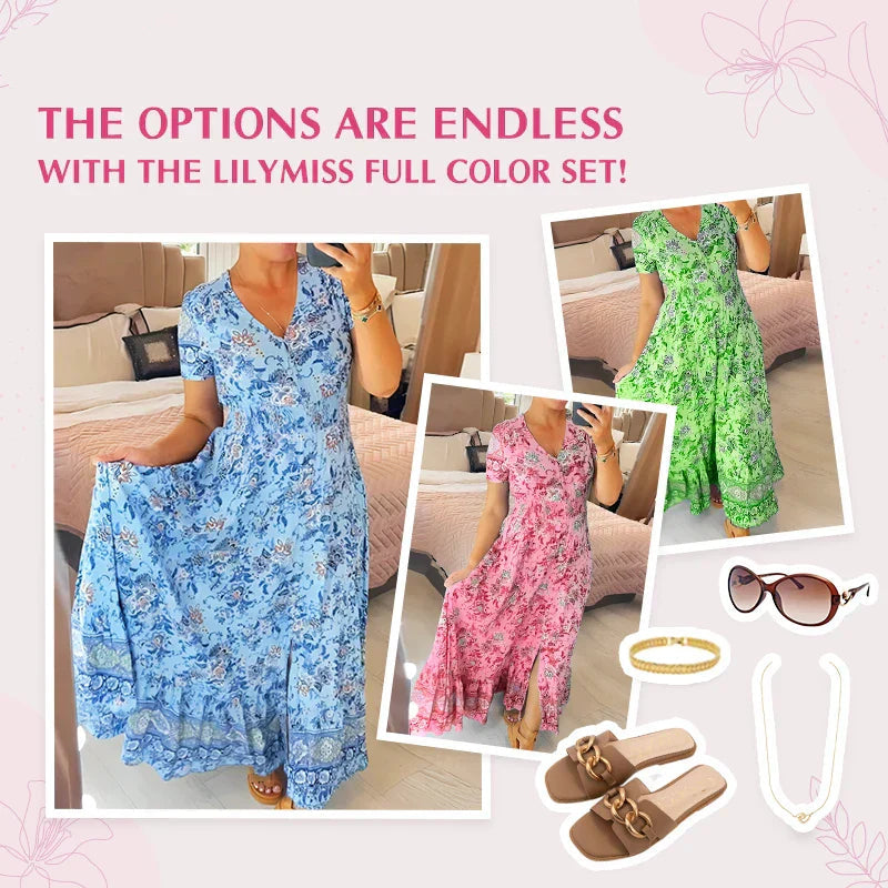 Sommerliches Damen Maxikleid, V-Ausschnitt, in lebhaften Farben. Bequem und modisch.