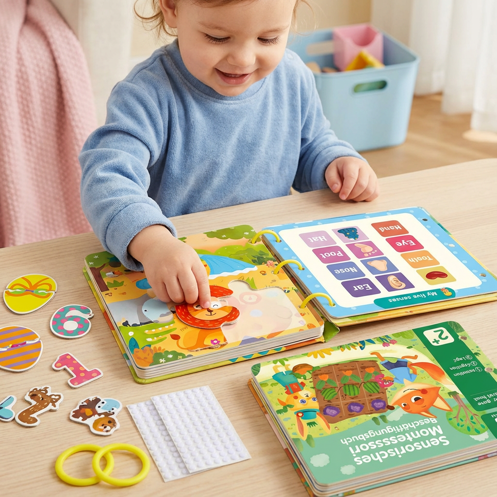 Detailansicht einer Seite mit Reißverschluss und Knöpfen zur Entwicklung der Feinmotorik im Montessori Buch.