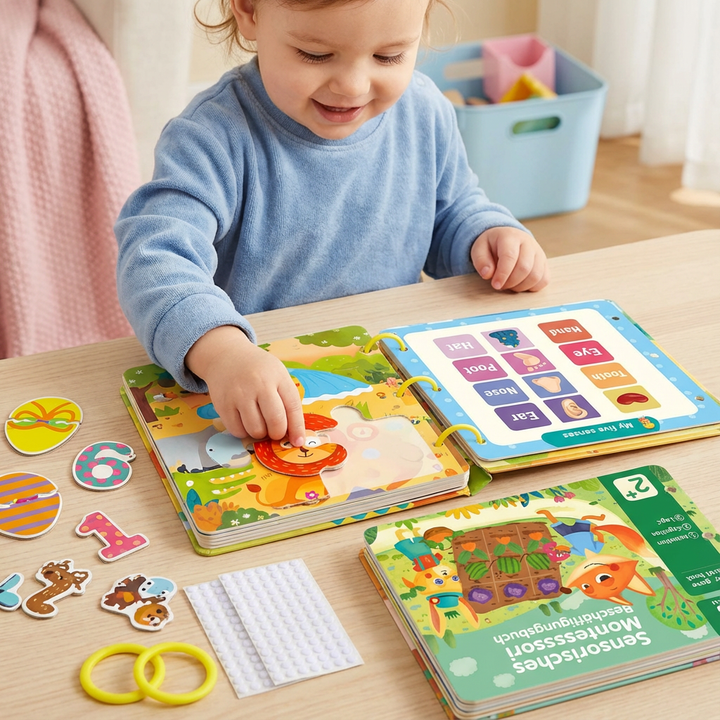 Detailansicht einer Seite mit Reißverschluss und Knöpfen zur Entwicklung der Feinmotorik im Montessori Buch.