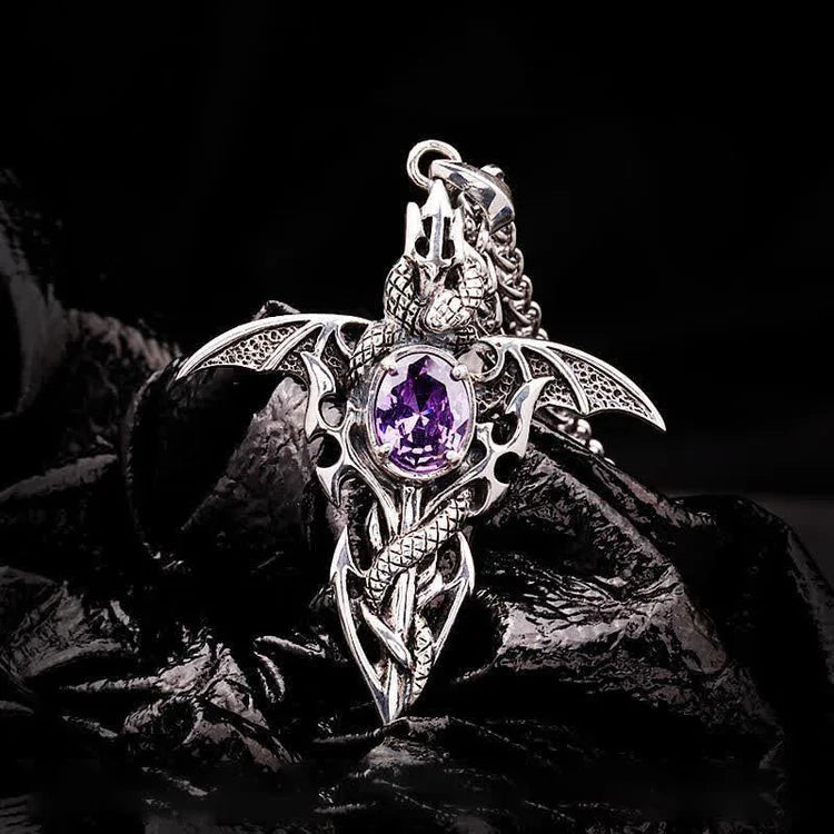 Gothic Vintage Halskette: Drachen-Anhänger mit funkelndem Dämonenkristall. Unisex Statement Schmuck.