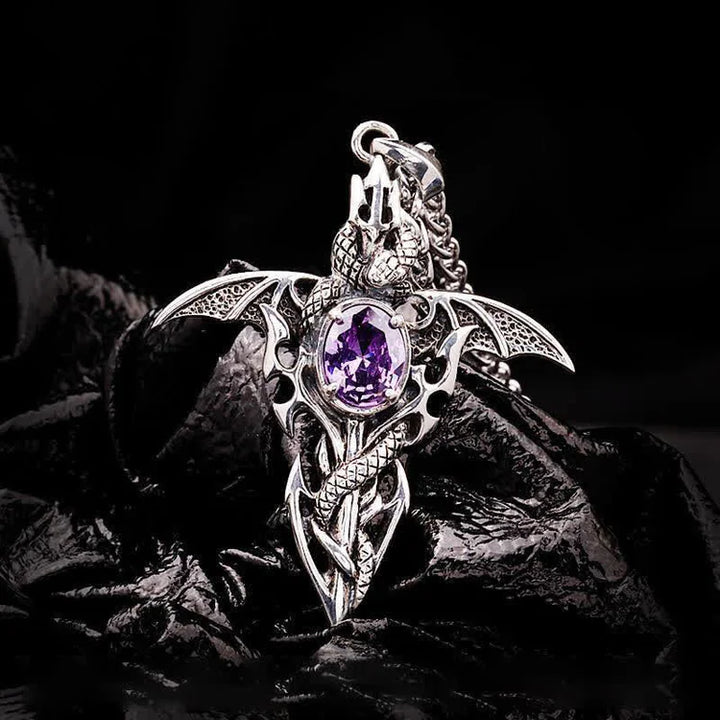 Gothic Vintage Halskette: Drachen-Anhänger mit funkelndem Dämonenkristall. Unisex Statement Schmuck.