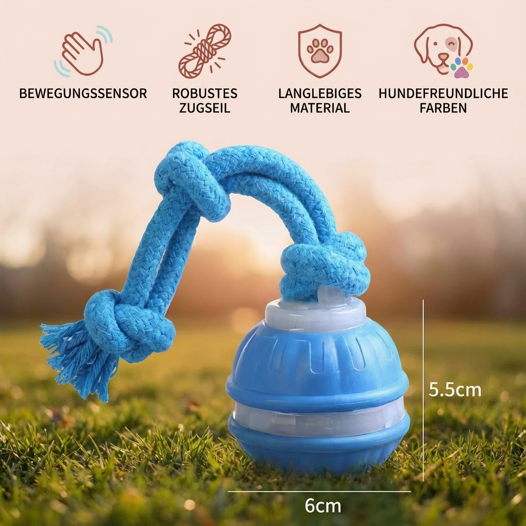 Dynamischer Hundespielball mit Bewegungssensor & Zugseil, ideal für aktive Hunde.