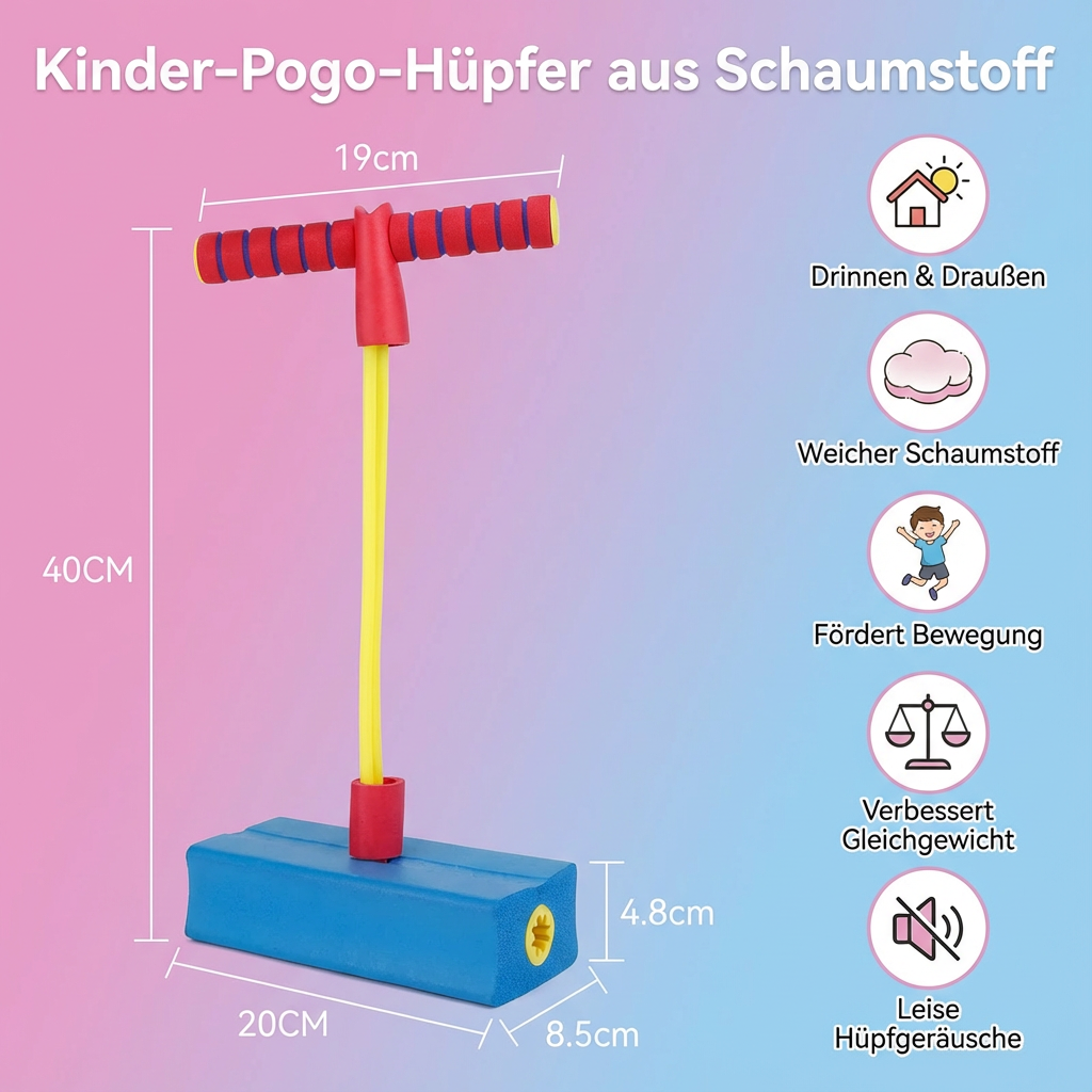 Mehrere Kinder spielen lachend mit bunten Schaumstoff Pogo-Hüpfern, fördert gemeinsame Bewegung & Aktivität.