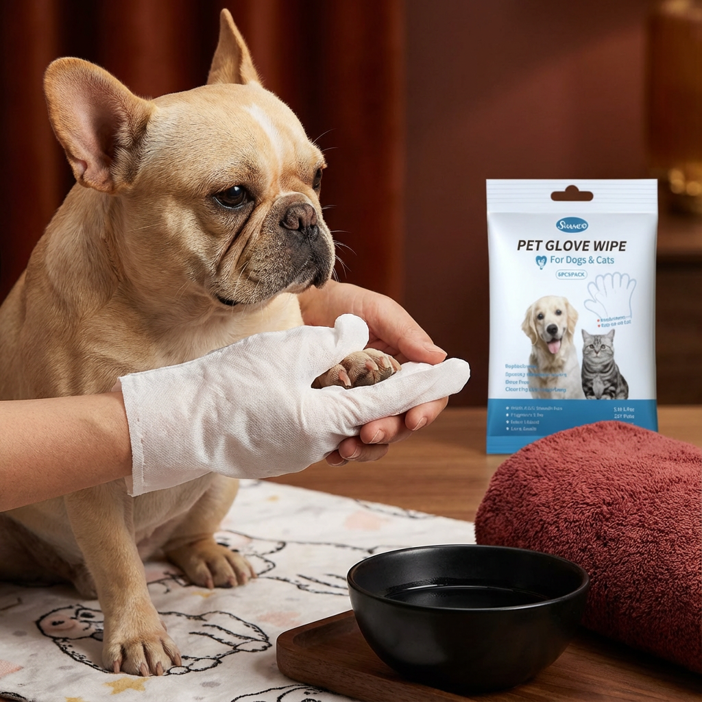 Hygienische Reinigungshandschuhe für Haustiere, ideal für schnelle Sauberkeit bei Hunden und Katzen, auch unterwegs.