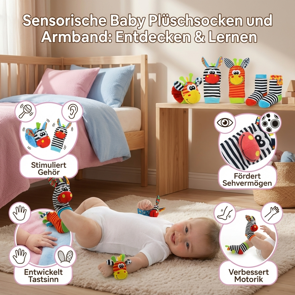 Buntes Baby Sensorikset: Weiche Lernsocken & Armbänder mit Rasseln, fördert Greifen & Hören.