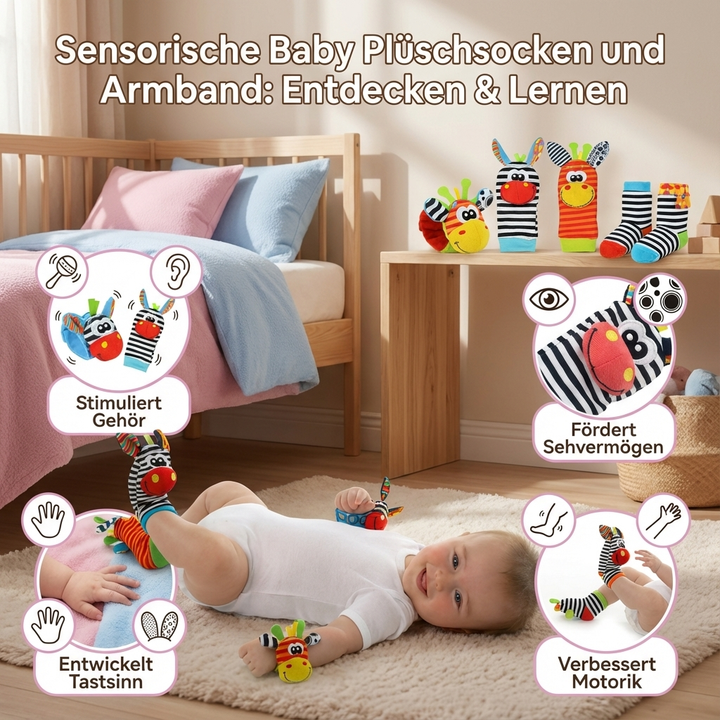 Buntes Baby Sensorikset: Weiche Lernsocken & Armbänder mit Rasseln, fördert Greifen & Hören.