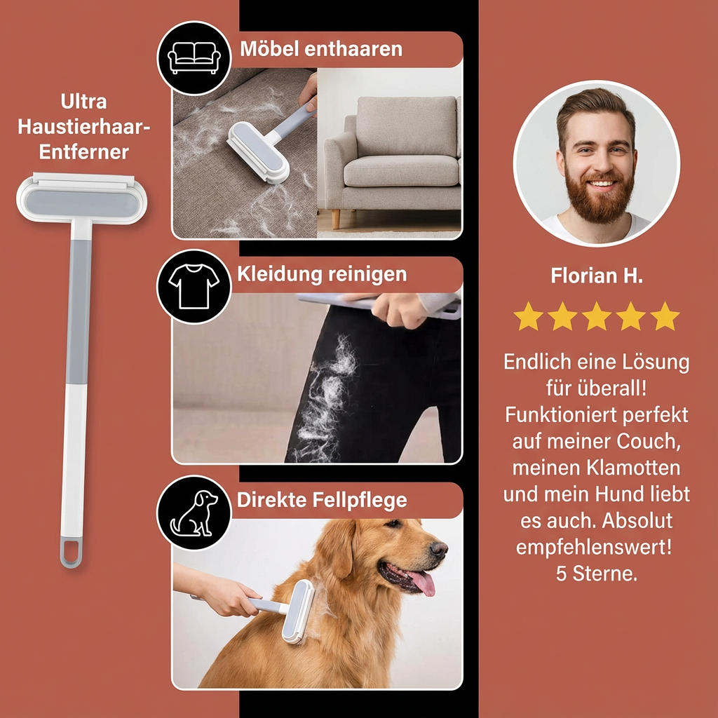 Praktische Tierhaarbürste zur einfachen Entfernung von Tierhaaren auf Polstermöbeln. Ideal für Katzen & Hunde.