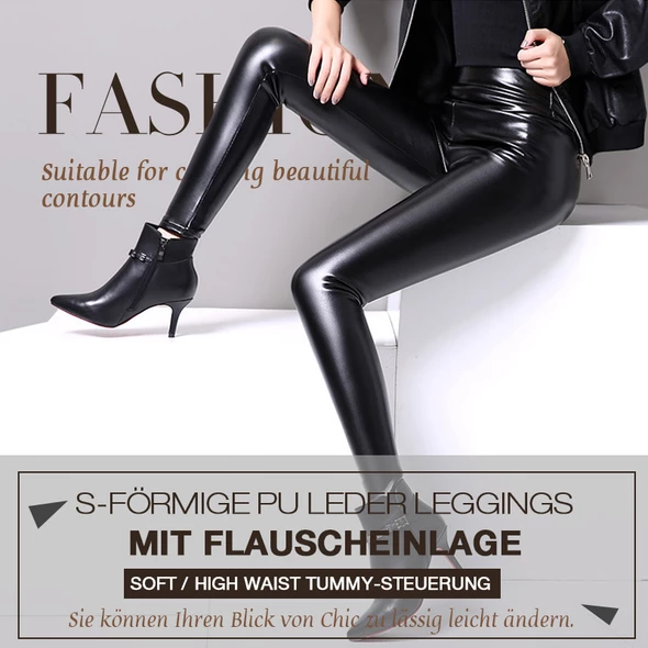 Elegante schwarze Damen Leggings im Lederlook, hoher Bund, stretchig & gefüttert, perfekt für Fashion-Outfits.