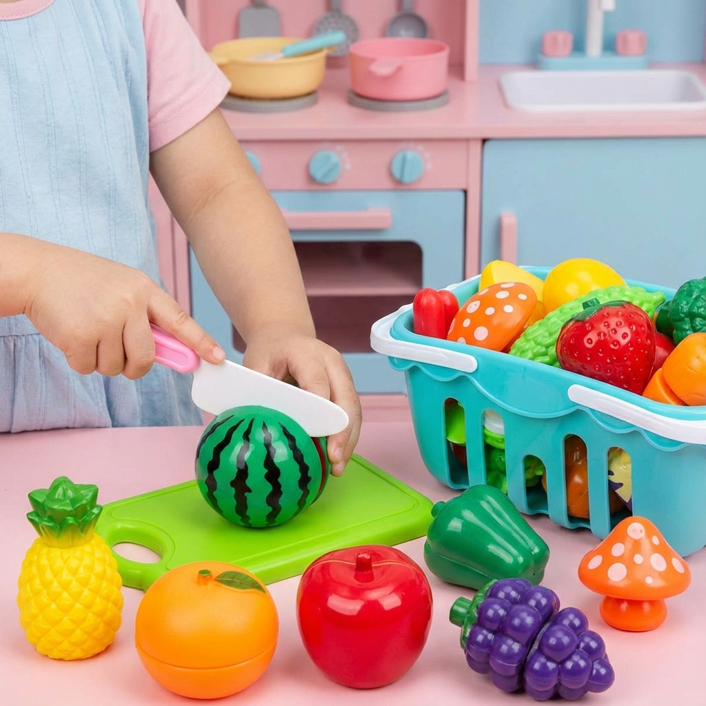 Pädagogisches Schneidespielzeug fördert Feinmotorik bei Kleinkindern mit buntem Obst & Gemüse.