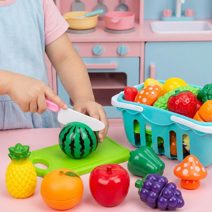 Pädagogisches Schneidespielzeug fördert Feinmotorik bei Kleinkindern mit buntem Obst & Gemüse.