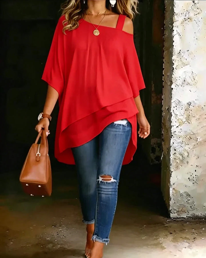 Moderne Damen Tunika, asymmetrisch geschnitten, mit Cold Shoulder. Ideal für den sommerlichen Lagenlook.