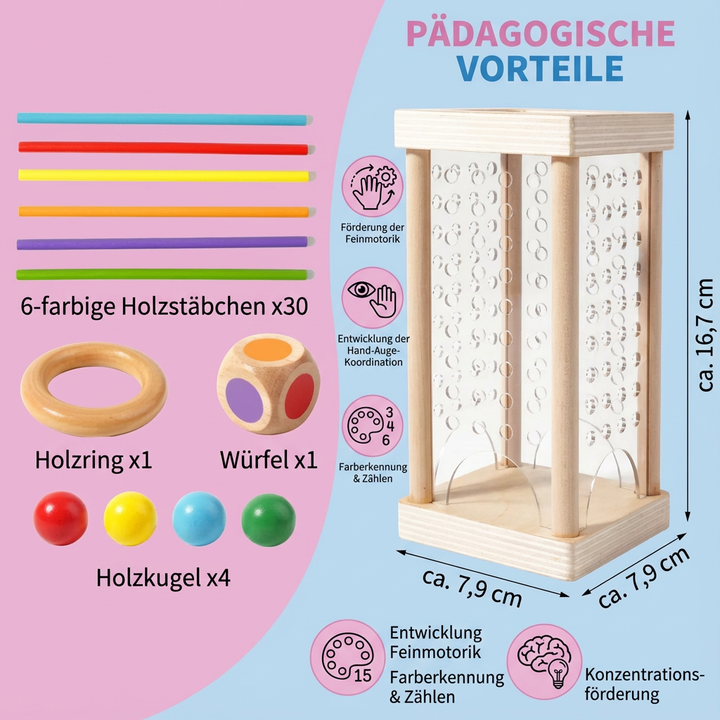 Nachhaltiges 3in1 Holzspiel für Kinder aus robustem Holz, ideal zur Förderung von Feinmotorik & Farbenlernen.