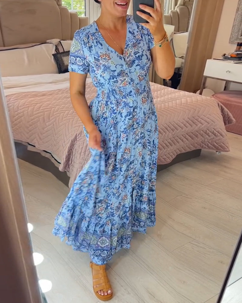 Damen Sommer Maxikleid in fließendem Stoff, V-Ausschnitt. Ein modisches Highlight.
