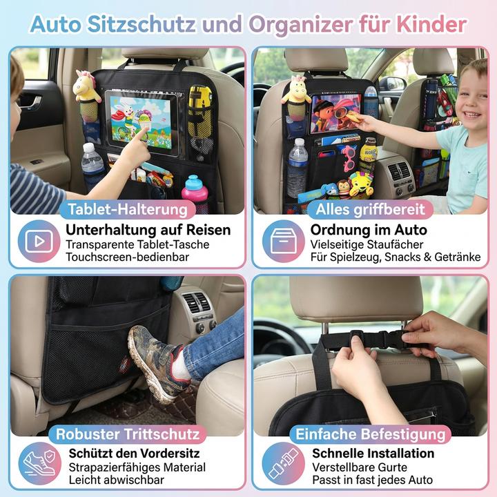 Sitzschoner & Auto Organizer für Familienreisen. Mehr Ordnung und Sauberkeit im Fahrzeug, ideal für Kinder auf langen Fahrten.