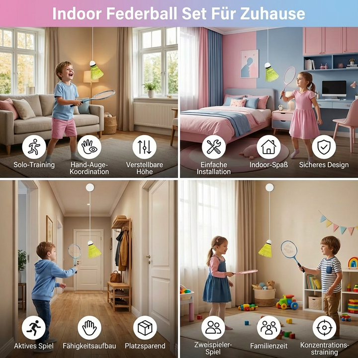 Gemütlicher Familienspaß zuhause: Indoor Federball Set für gemeinsame Aktivität und sportliche Bewegung.