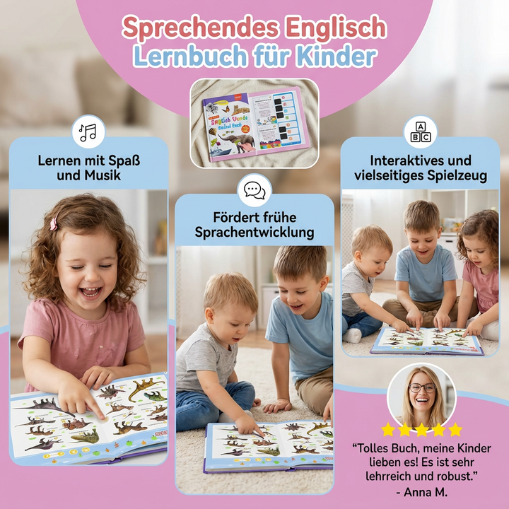 Kind lernt spielerisch Englisch mit interaktivem Sprechbuch; Sprachförderung für Anfänger.