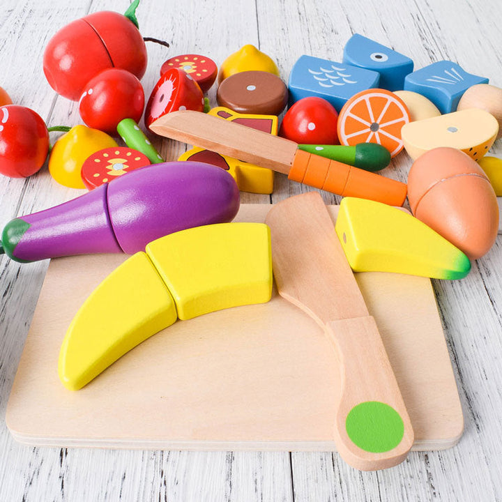 Montessori Schneide Spielset aus Holz für Kinder, fördert Feinmotorik & Rollenspiel. Ideal für die Kinderküche.