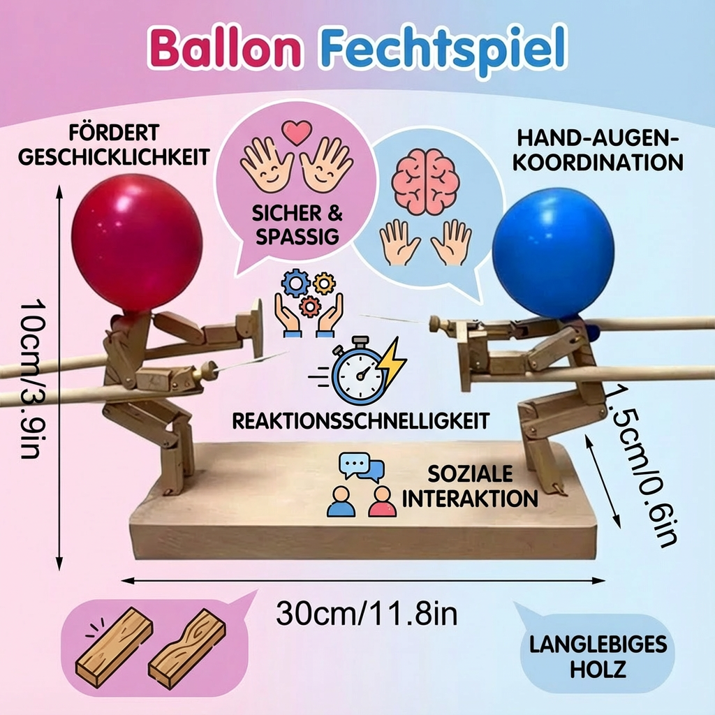Komplettansicht des Holz Ballon Duell Spiels mit Spielfiguren und Ballons. Bereit für ein spannendes Familienduell.
