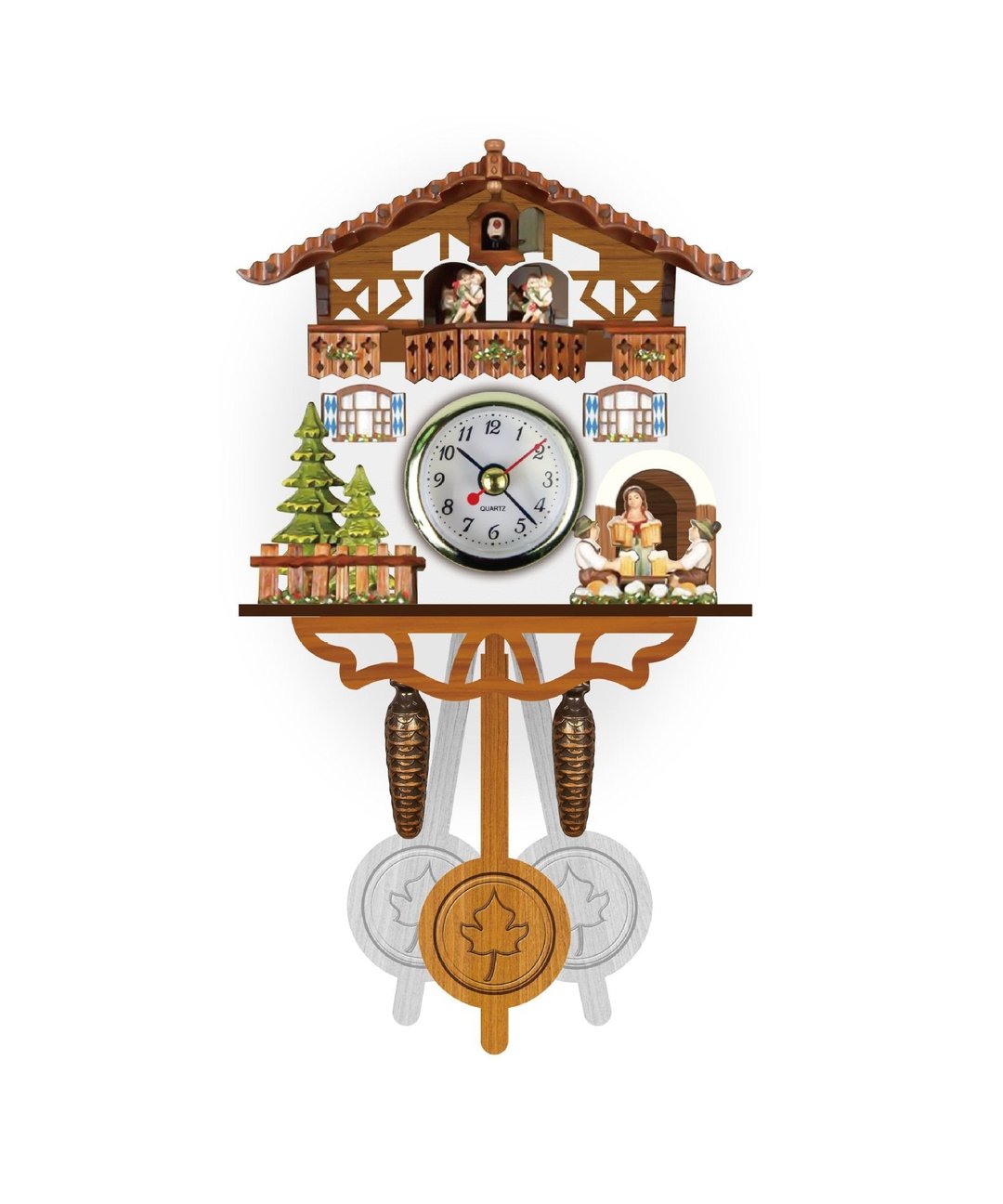 Detailaufnahme: Handgeschnitzte Schwarzwald Kuckucksuhr aus Holz mit handbemalten Akzenten.
