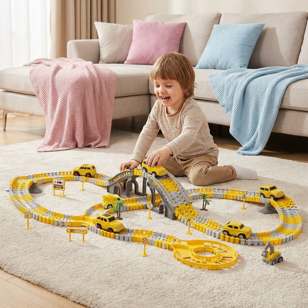 Detaillierte Ansicht der Kunststoff-Rennstrecke mit Spurautos bereit für das nächste Rennen. Indoor-Spielset.