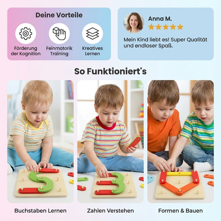 Robustes Holz-Lernspielzeug: Pädagogisches Steckbrett für Kinder, fördert Entwicklung von Buchstaben und Zahlen.