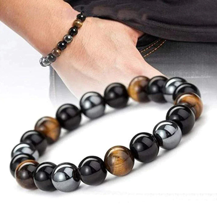 Elegantes Dreifach-Schutzarmband unisex. Glänzende Obsidian-, Tigerauge- & Hämatitperlen. Energiespendend.